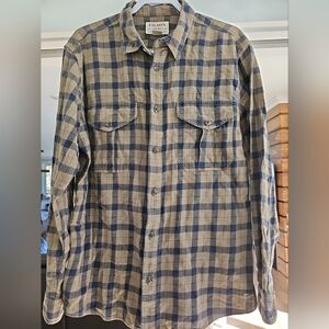 Filson Men's Blue and Tan Plaid Button Down Flannel Shirt, Large